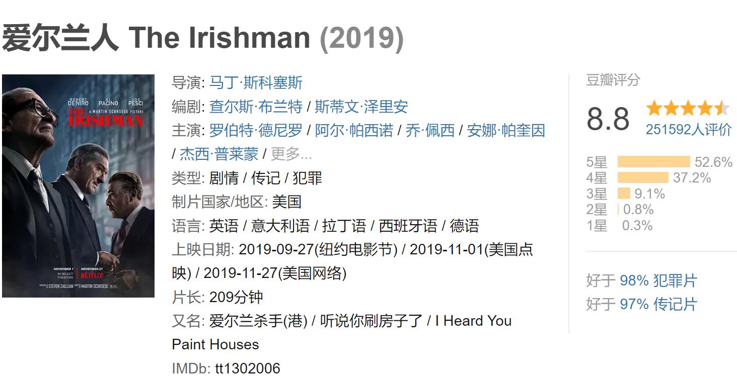 爱尔兰人-8.8 分