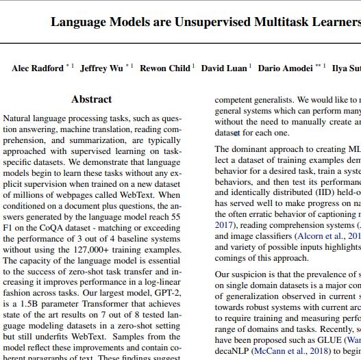 GPT-2 无监督多任务学习