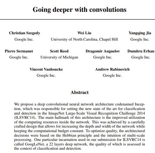 GoogLeNet 原文