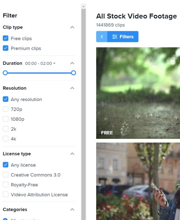 videvo 多条件过滤筛选视频