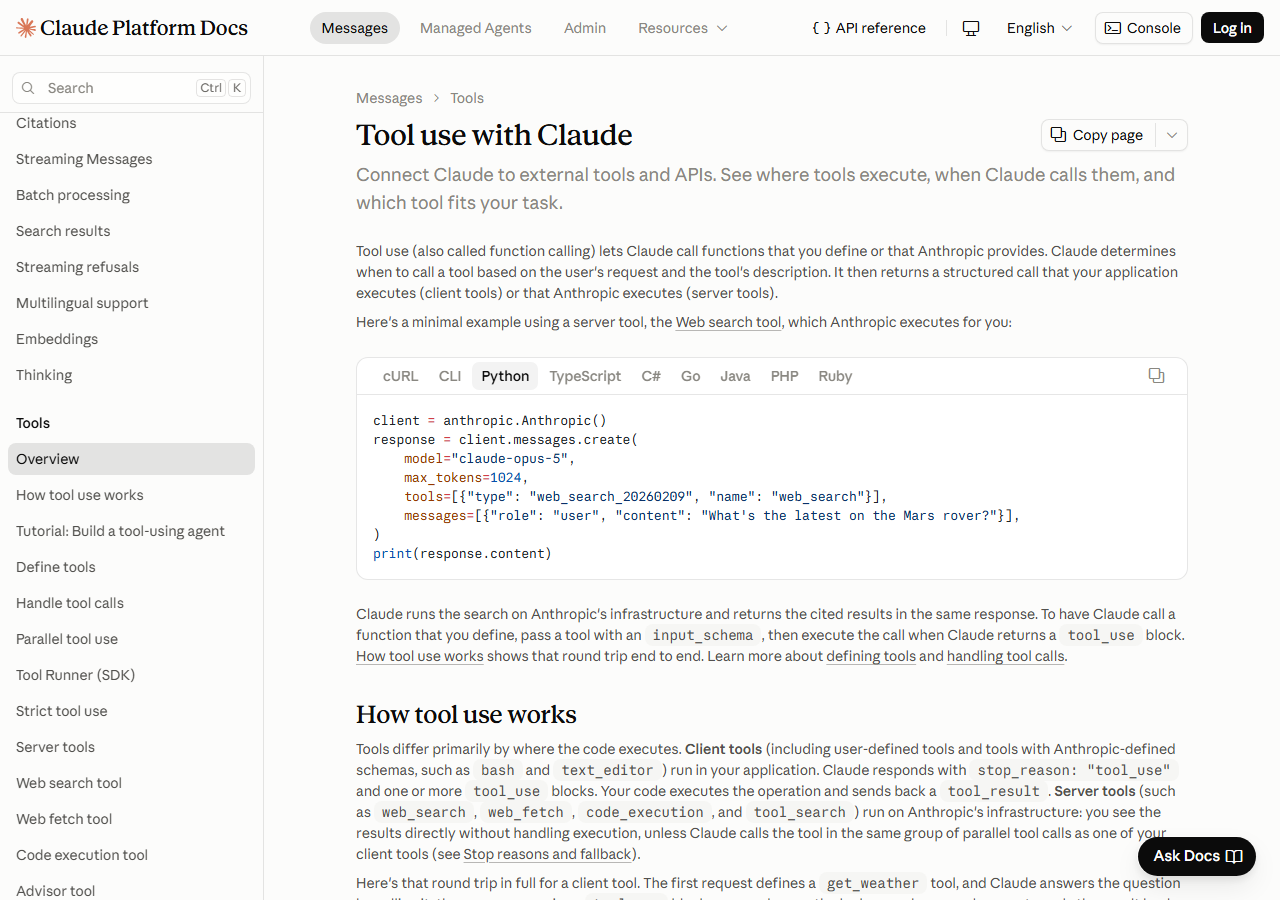 Tool Use — Claude API Docs