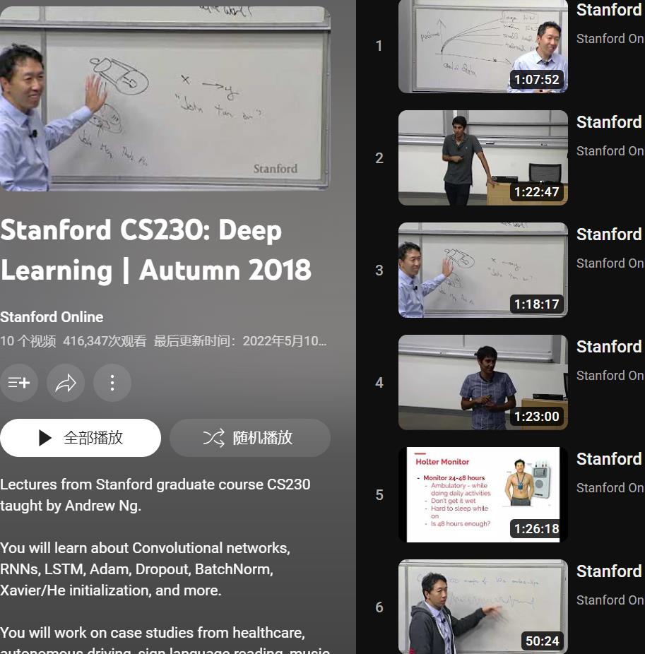 斯坦福大学CS230 youtube视频